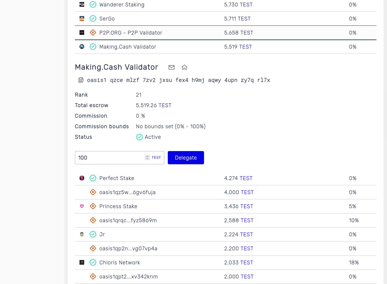 Stake screen: Selected validator